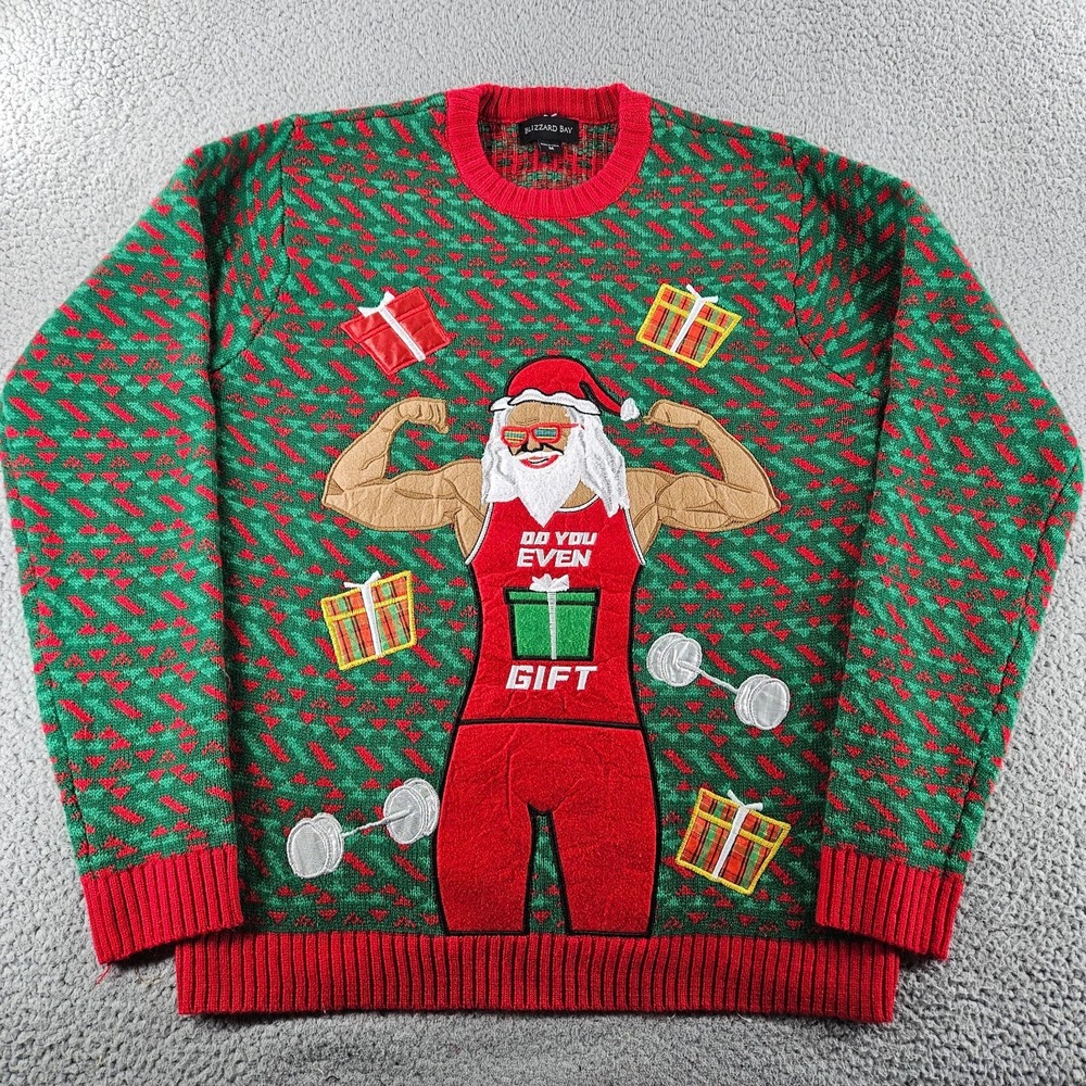 Ugly Christmas Sweater Medium Green Buff Santa Gains Holiday‎ Party Tacky Knit